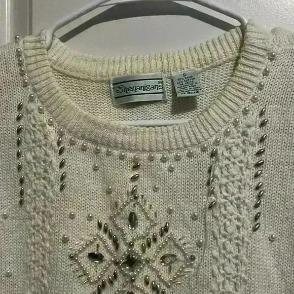 Vintage Shenanigans Christmas Snowflakes Pearl Beaded Christmas Sweater size S - Picture 8 of 12